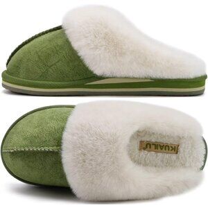 Women's Green Fluff Memory Foam Cozy Winter Warm Scuff Slip On Slippers Shoes